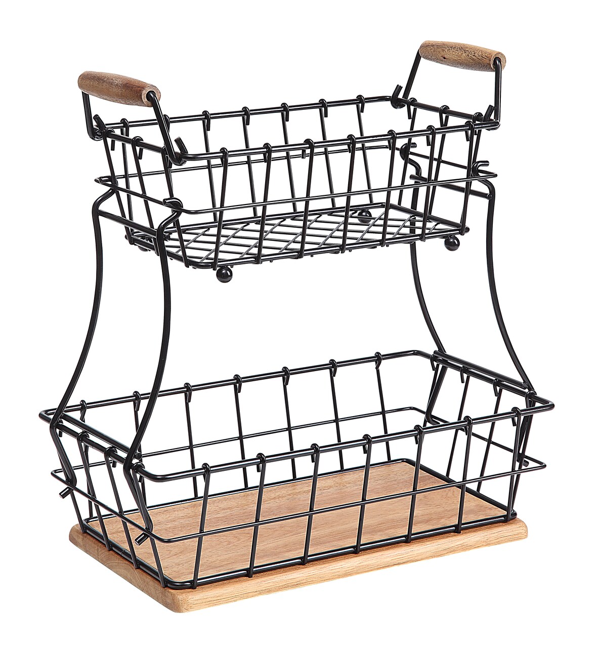 2-Tier Rectangle Countertop Fruit, Bread Wire Basket (Metal + Wood base)